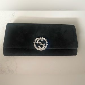GUCCI Black Suede Gg Crystal Broadway Clutch
